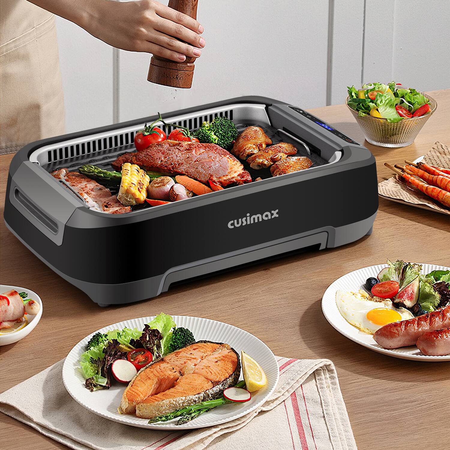 Angle. Cusimax - 1500W Smokeless Indoor Grill With LED Smart Display Nonstick Removable Plate Turbo Smoke Extractor For Home Apt - Black.