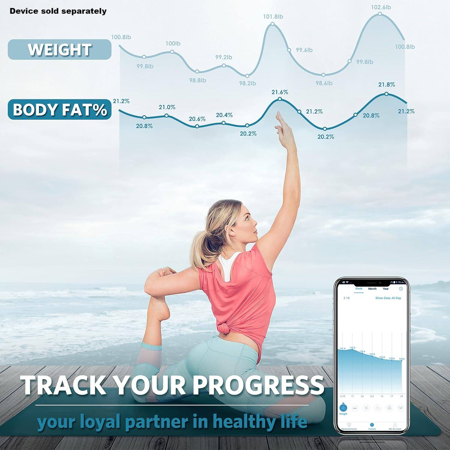 Device sold separately.
Weight: 101.8 lb, 102.6 lb, 100.8 lb, 99.8 lb, 100 lb, 99.2 lb, 99.61 lb, 99.8 lb, 100.8 lb.
Body Fat %: 21.2%, 21.0%, 20.8%, 20.4%, 20.6%, 20.2%, 21.6%, 21.2%, 20.8%, 20.2%, 21.2%, 20.8%.
Track your progress with your loyal partner in healthy life.