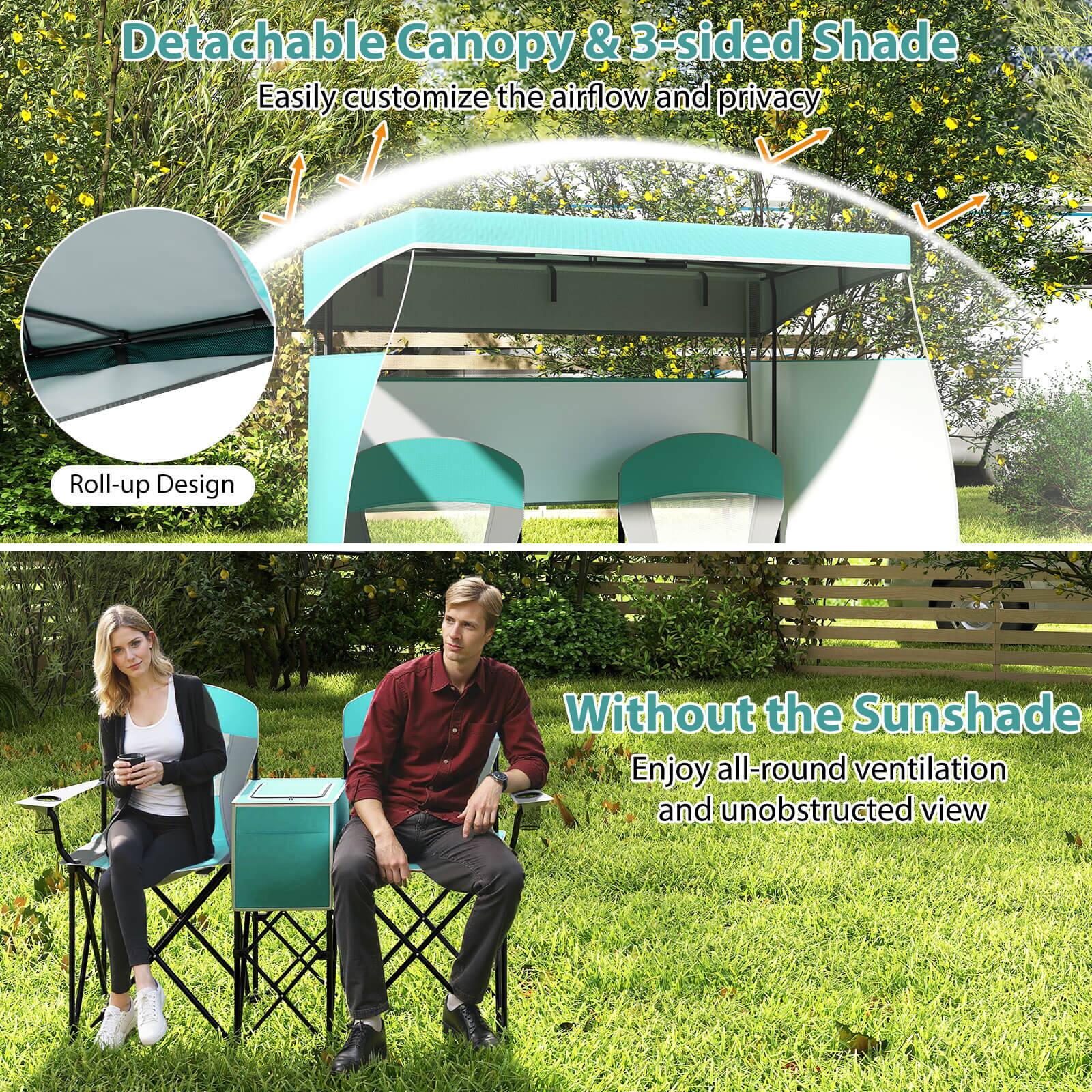 Detachable Canopy & 3-sided Shade  
Easily customize the airflow and privacy  

Roll-up Design  

Without the Sunshade  
Enjoy all-round ventilation and unobstructed view