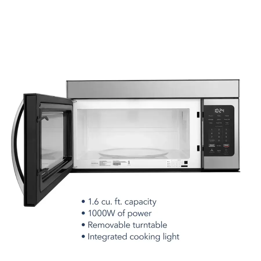The text on the image reads:

1.6 cu. ft. capacity
1000W of power
Removable turntable
Integrated cooking light