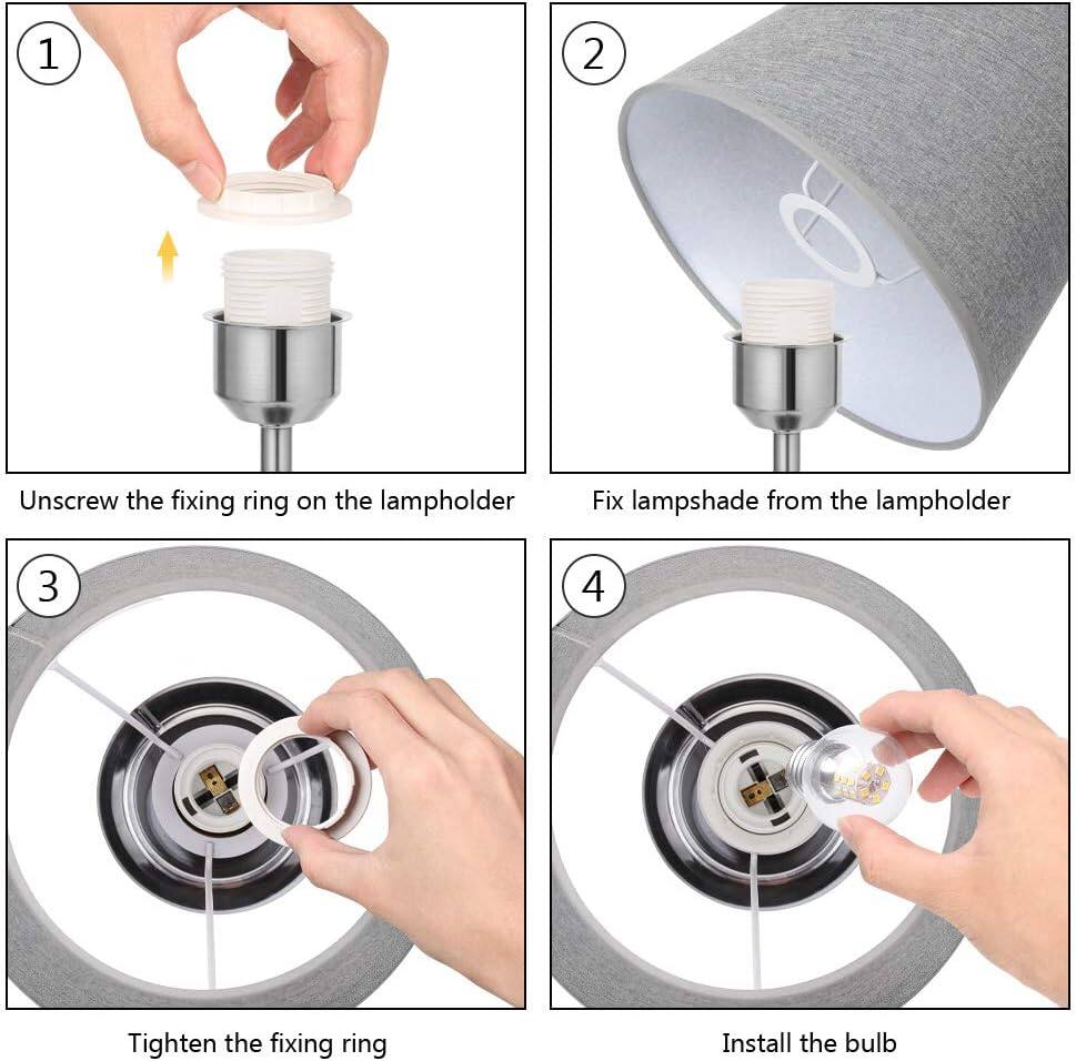 1. Unscrew the fixing ring on the lampholder  
2. Fix lampshade from the lampholder  
3. Tighten the fixing ring  
4. Install the bulb