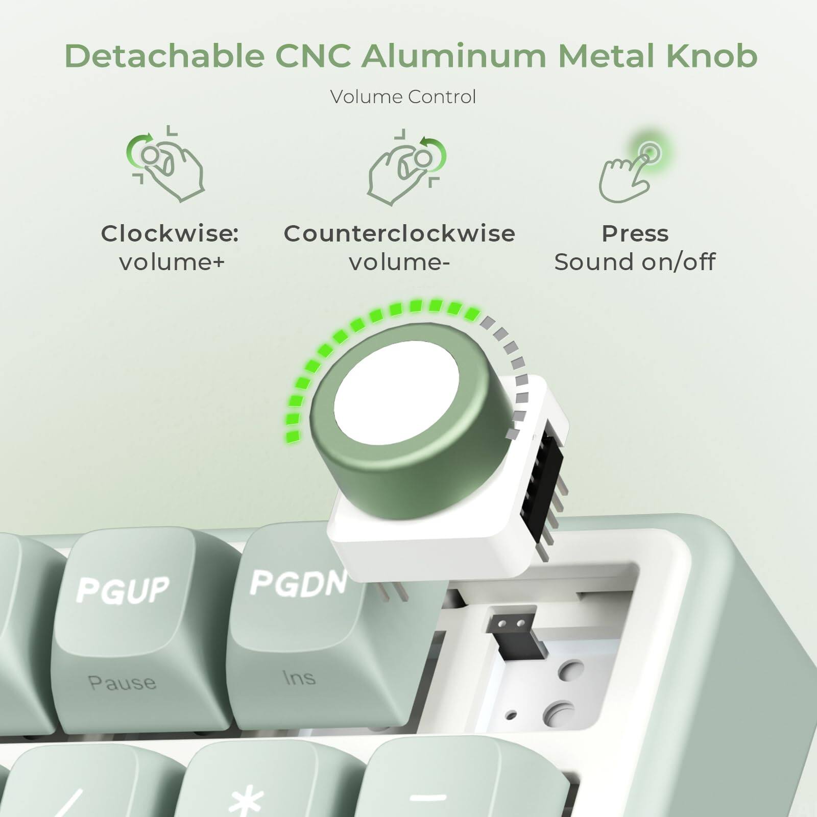 Detachable CNC Aluminum Metal Knob  
Volume Control  

Clockwise: volume+  
Counterclockwise: volume-  
Press: Sound on/off  

PGUP  
PGDN  
Pause  
Ins