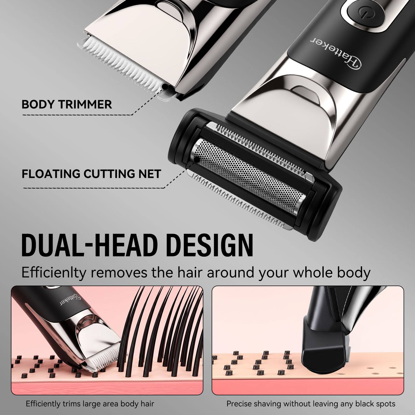 HATTEKER 4 in 1 Men's Body Groomer, Dual Head Trimmer & Shaver, IPX7 ...