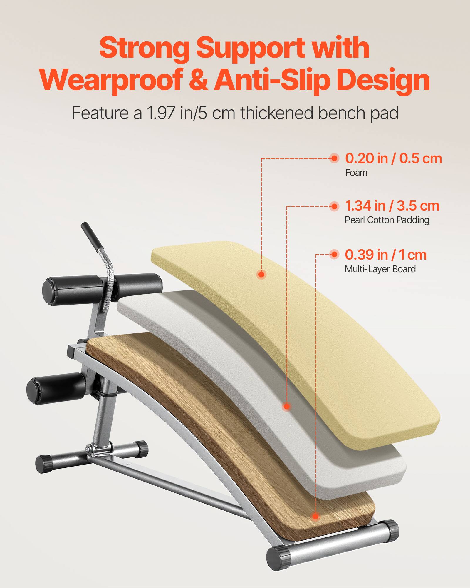 Strong Support with Wearproof & Anti-Slip Design

Feature a 1.97 in/5 cm thickened bench pad

- 0.20 in / 0.5 cm Foam
- 1.34 in / 3.5 cm Pearl Cotton Padding
- 0.39 in / 1 cm Multi-Layer Board