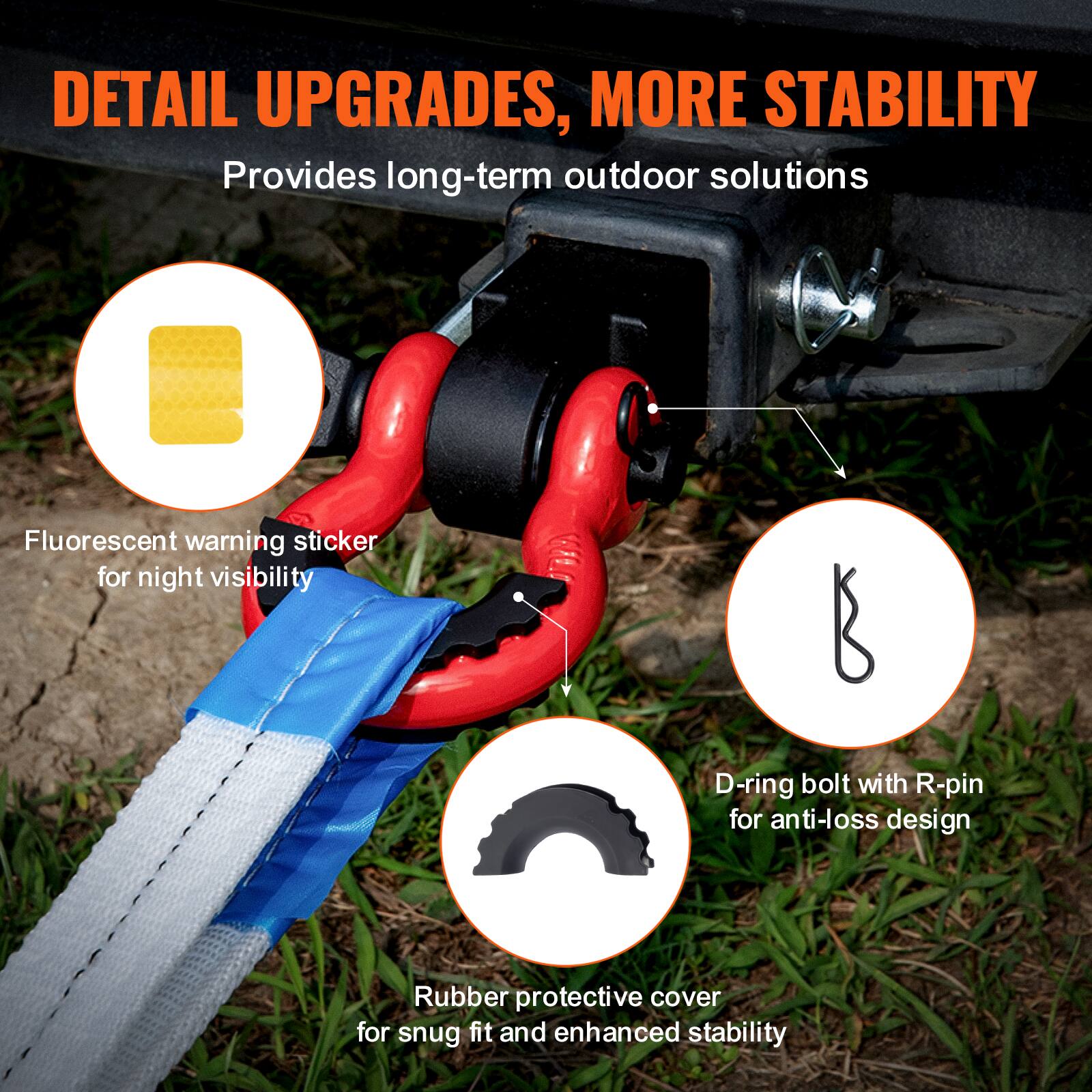 DETAIL UPGRADES, MORE STABILITY  
Provides long-term outdoor solutions  

- Fluorescent warning sticker for night visibility  
- D-ring bolt with R-pin for anti-loss design  
- Rubber protective cover for snug fit and enhanced stability
