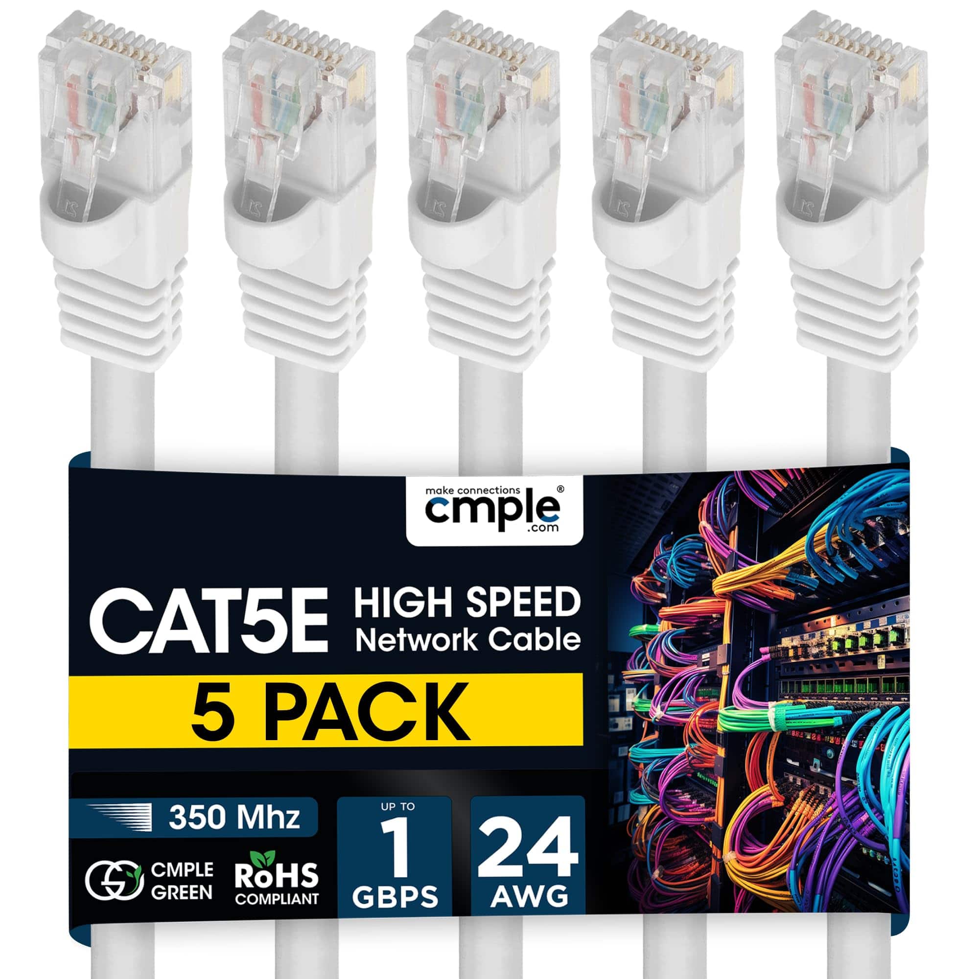 Cmple.com - Cmple - 5 Pack Cat5e Ethernet Cable 5 ft, Router Patch Cord, Internet Cat5 Cables, RJ45, LAN Network Wire - White