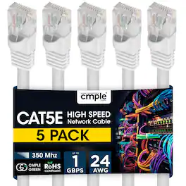 Cmple.com - Cmple - 5 Pack Cat5e Ethernet Cable 3 ft, Router Patch Cord, Internet Cat5 Cables, RJ45, LAN Network Wire - White