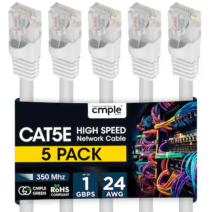 21 21 make connections cmple .com HIGH SPEED CAT5E Network Cable 5 PACK UP TO 350 Mhz CMPLE RoHS 1 24 S GREEN GBPS AWG COMPLIANT
