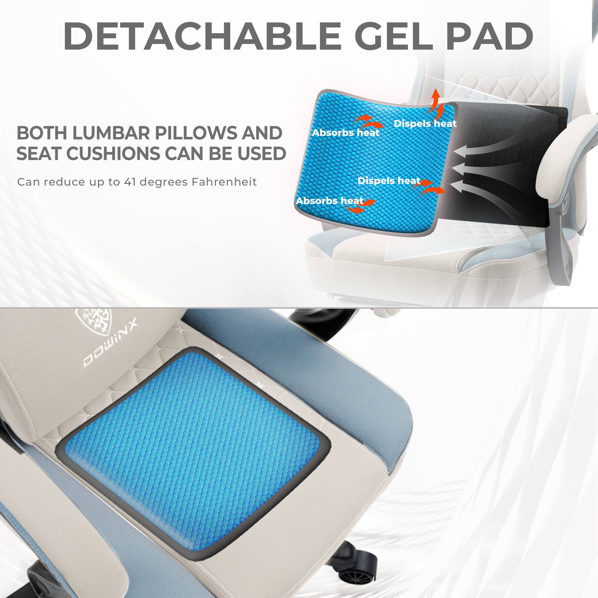 DETACHABLE GEL PAD

BOTH LUMBAR PILLOWS AND SEAT CUSHIONS CAN BE USED

Can reduce up to 41 degrees Fahrenheit

Absorbs heat
Dispels heat

DOWINX