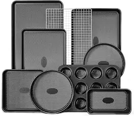 HONGBAKE - 9-Piece Baking Pans Set Nonstick, Stackable Non Toxic Bakeware Sets with Diamond Texture - Black