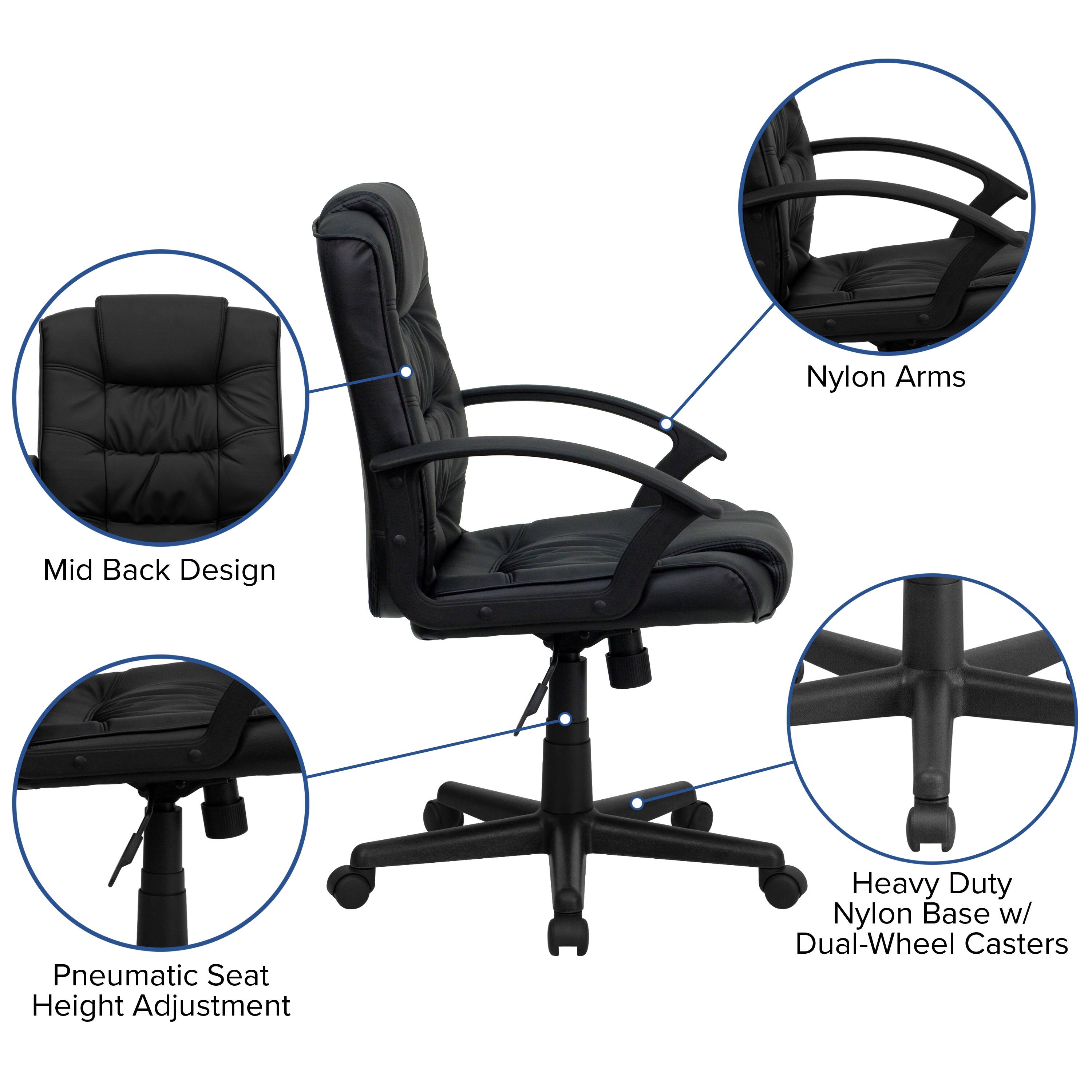 Nylon Arms  
Mid Back Design  
Pneumatic Seat Height Adjustment  
Heavy Duty Nylon Base w/ Dual-Wheel Casters