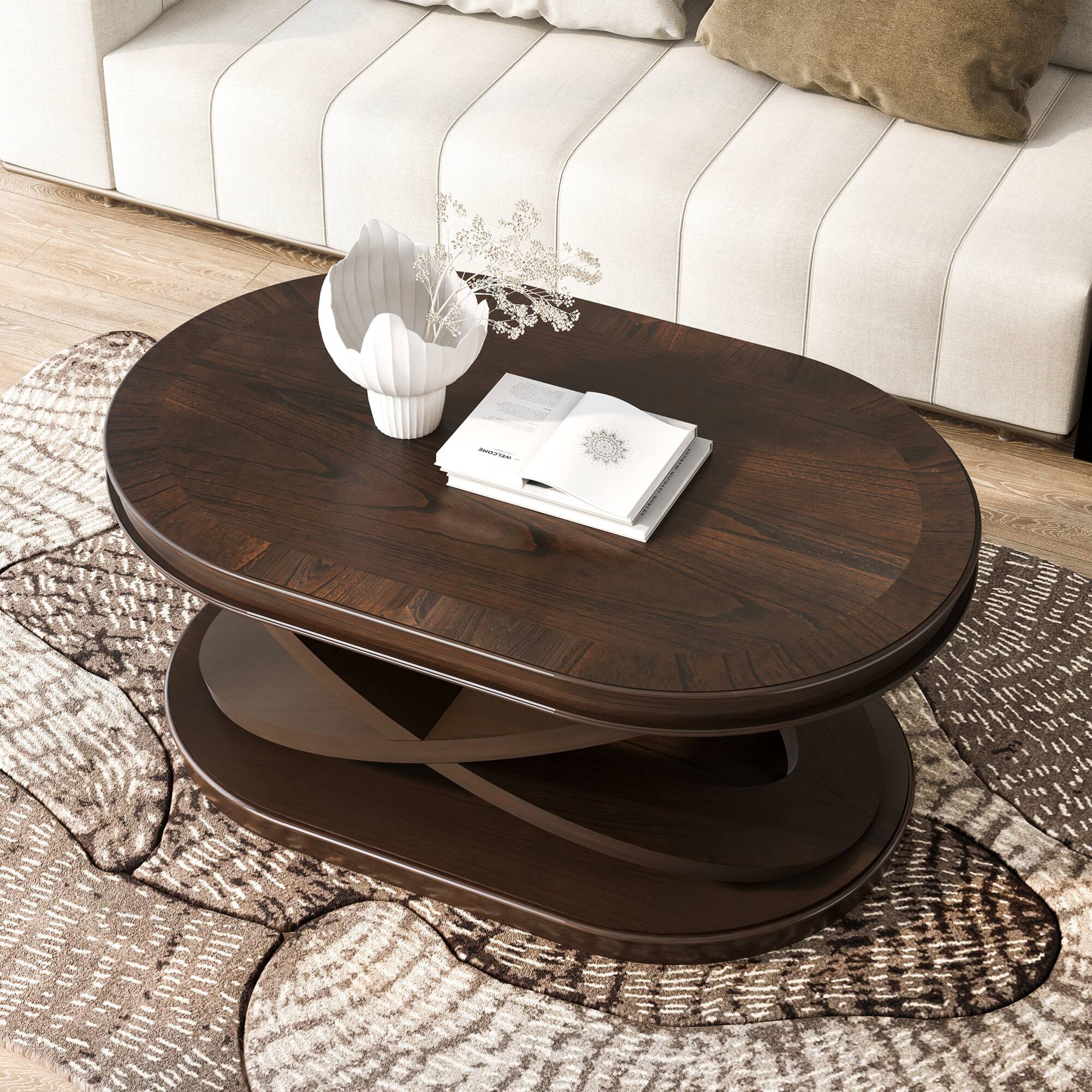 Alt View 1. GOODSILO - Elegant Oval Wood Coffee Table with X-Shaped Base and Open Storage for Living Room and Home Office - Espresso.