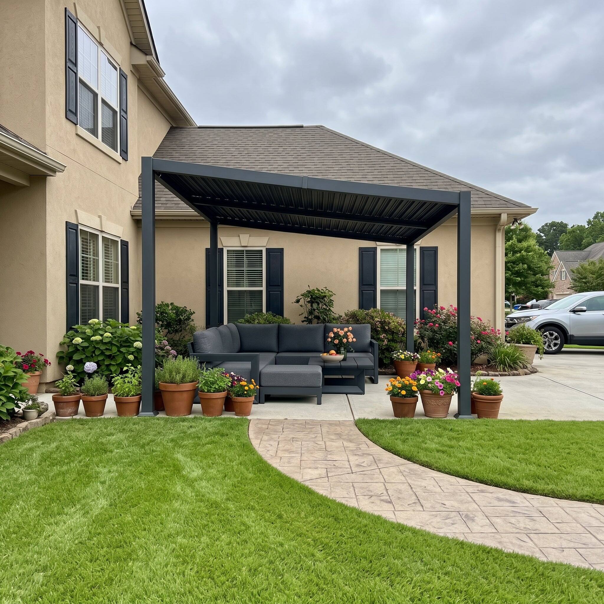 Left. PURPLE LEAF - 10'×14' Louvered Pergola Slanted Roof Outdoor Aluminum Frame With Adjustable Rainproof roof for Patio Garden Yard - Gray.