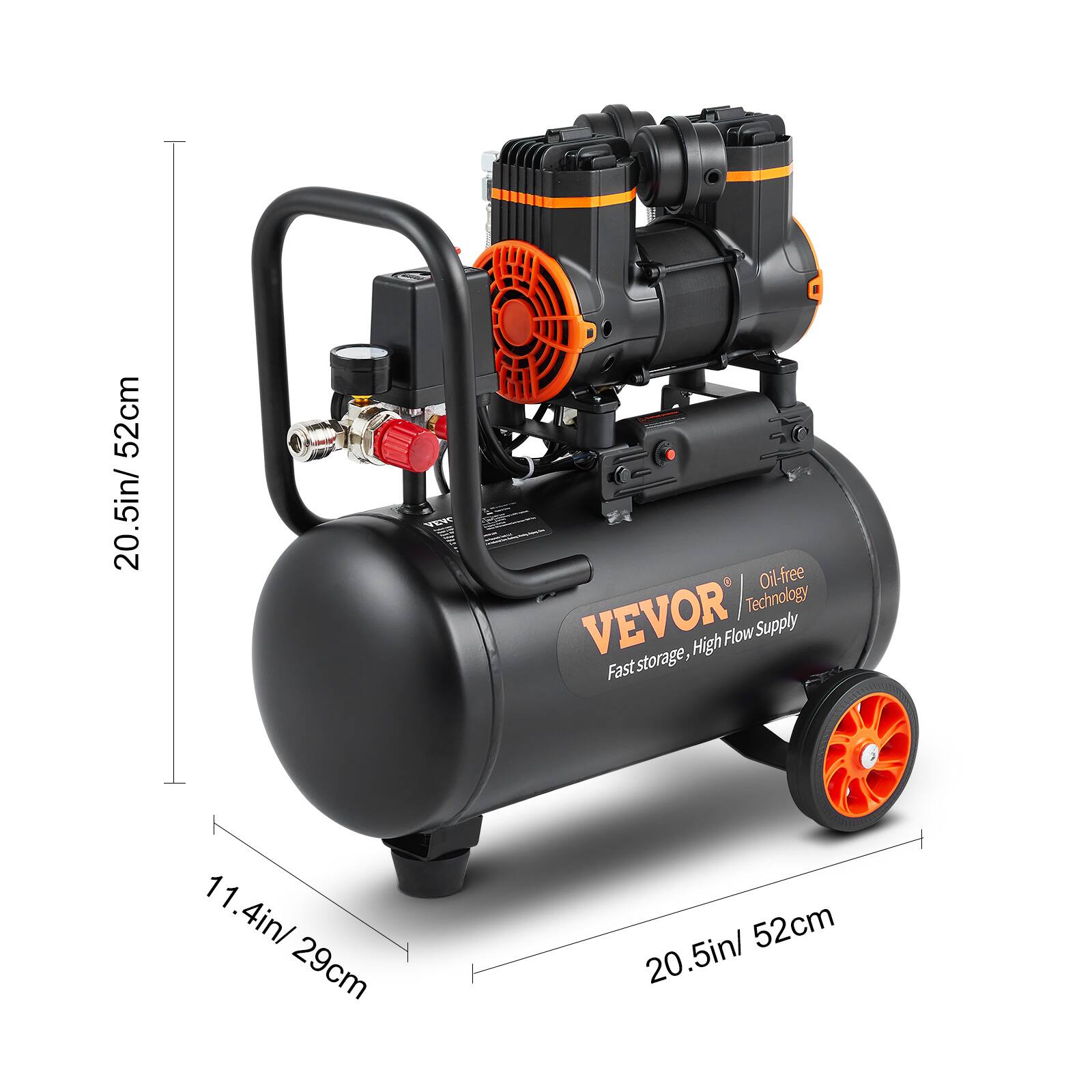 52cm 20.5in/  
Oil-free VEVOR Technology Flow Supply storage, High Fast  
11.4in/ 29cm  
20.5in/ 52cm