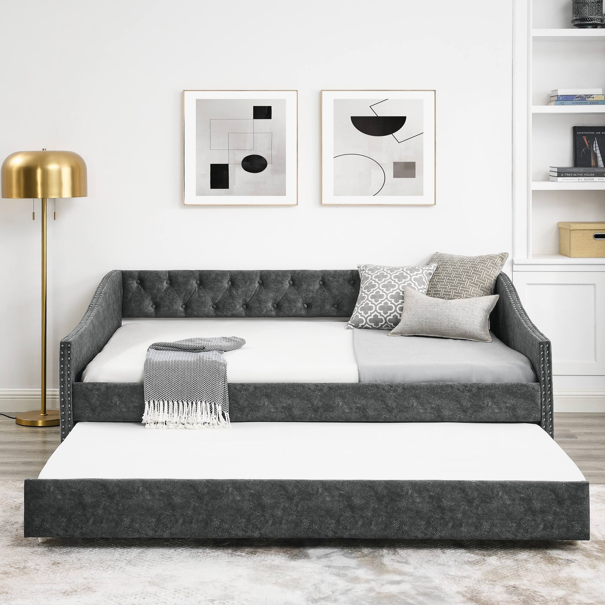 Back. Tiramisubest - Full Size Daybed with Twin Size Trundle Upholstered Tufted Sofa Bed, ,Grey (80.5"x55.5"x27.5") - Grey.