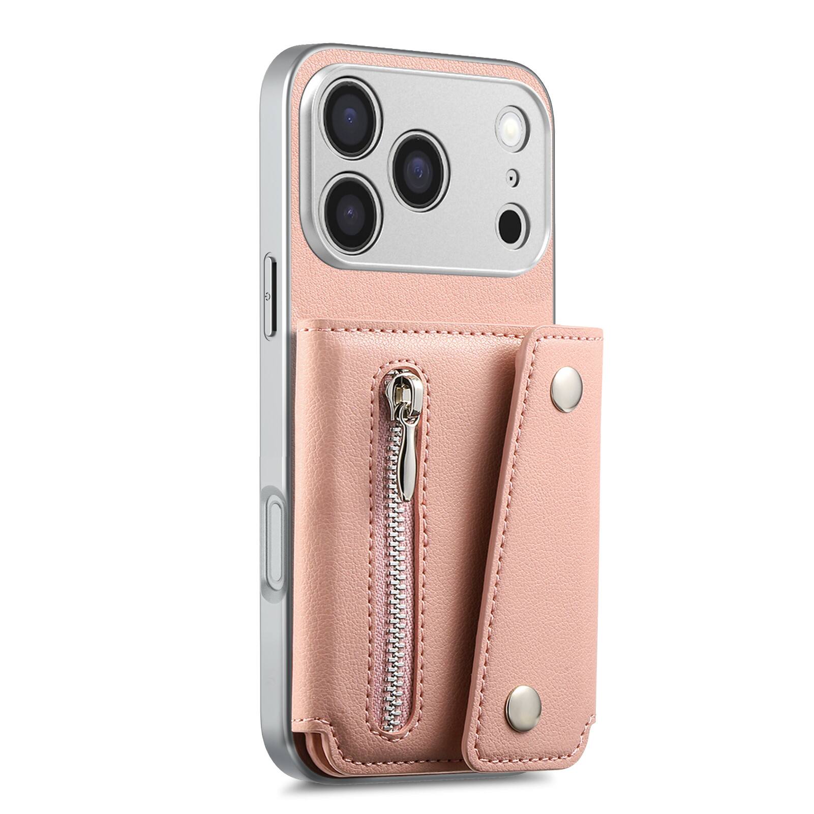 Left. Dteck - PU Leather Wallet Case for Apple iPhone 17 Pro Max, Shockproof Kickstand Phone Cover with Card Slots and Zipper Pocket - Pink.