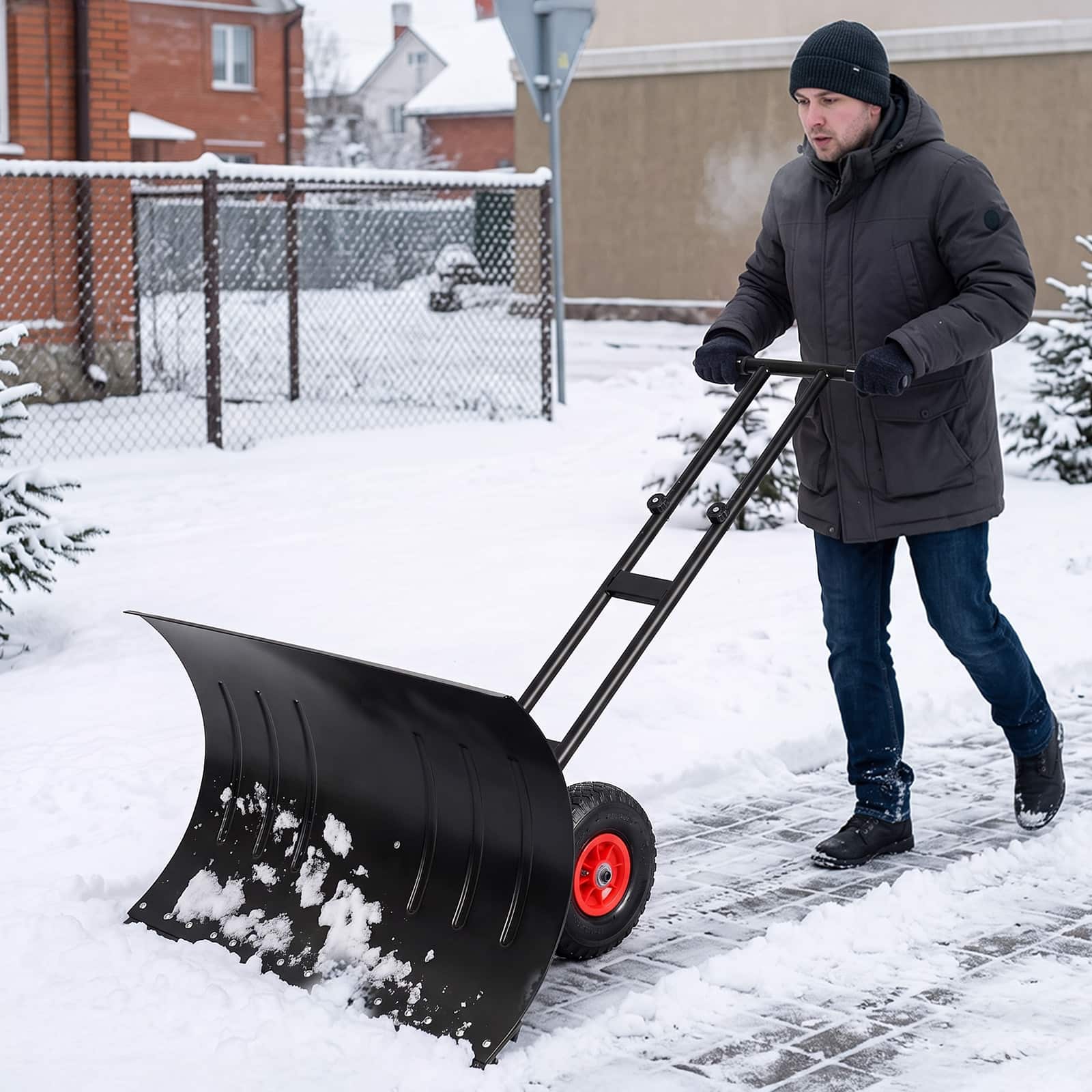 Winado - Snow Shovel with Wheels, 36"x 18"Snow Plow Shovel Angle & Height Adjustable Padded Handle Efficient Snow Clean Tool - Red