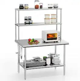 Winado - 48" x 30" Stainless Steel Prep Table Garage Work Table with Overshelf & Adjustable Undershelves & Hook & Rounded Edges - Silver
