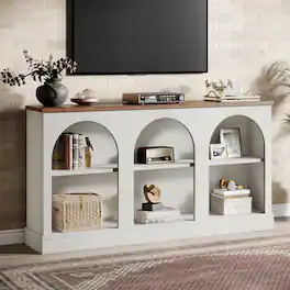 Tribesigns - 63-Inch Arched Farmhouse TV Stand with 3 Open Storage Compartments for TVs up to 65 Inches - Off-white and Brown