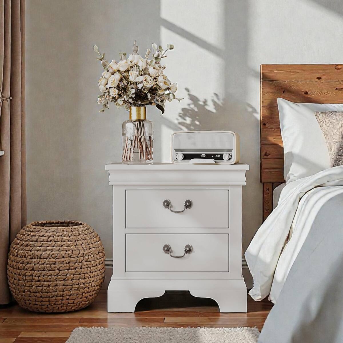 Alt View 3. Loheer - Loheer White Wooden Nightstand, Two Drawers, Classic Style - White.