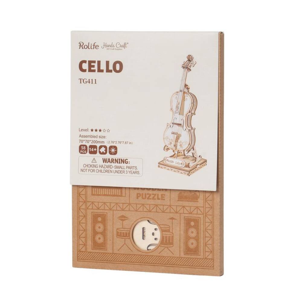 Rolife Hands Craft  
DIY Craft Series

CELLO  
TG411

Level: ★★★☆☆  
Assembled size: 70*70*200mm (2.76" x 2.76" x 7.87 in)

58 PCS  
14+  

WARNING: CHOKING HAZARD - SMALL PARTS. NOT FOR CHILDREN UNDER 3 YEARS.

PUZZLE