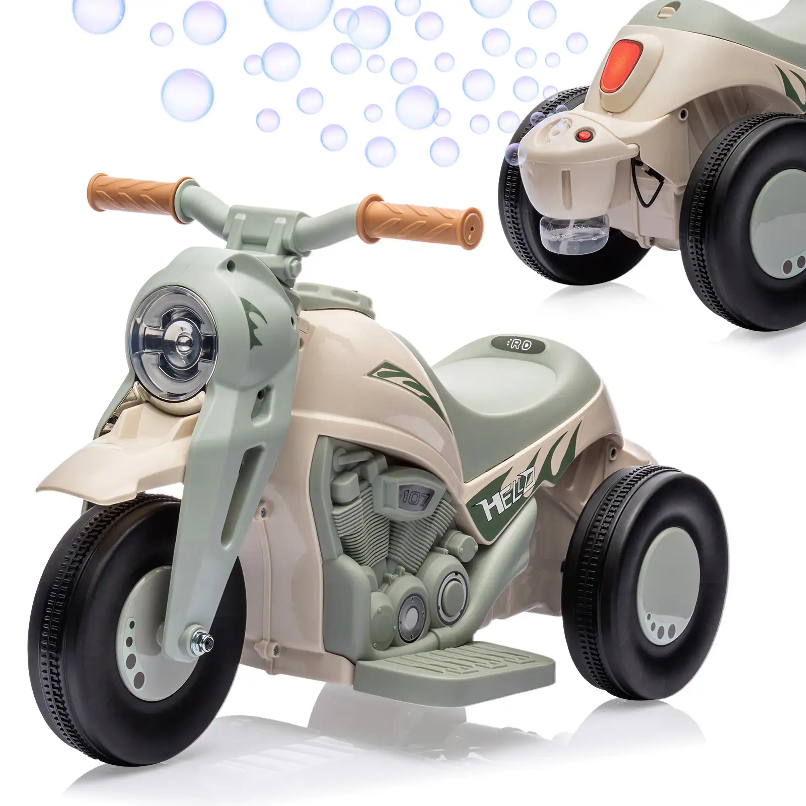 GARVEE - Kids Ride-On Bubble Car | 6V Battery-Powered Electric 3 Wheels Motorcycle w/ Headlights, Music, Pedal, Forward/Reverse - Beige