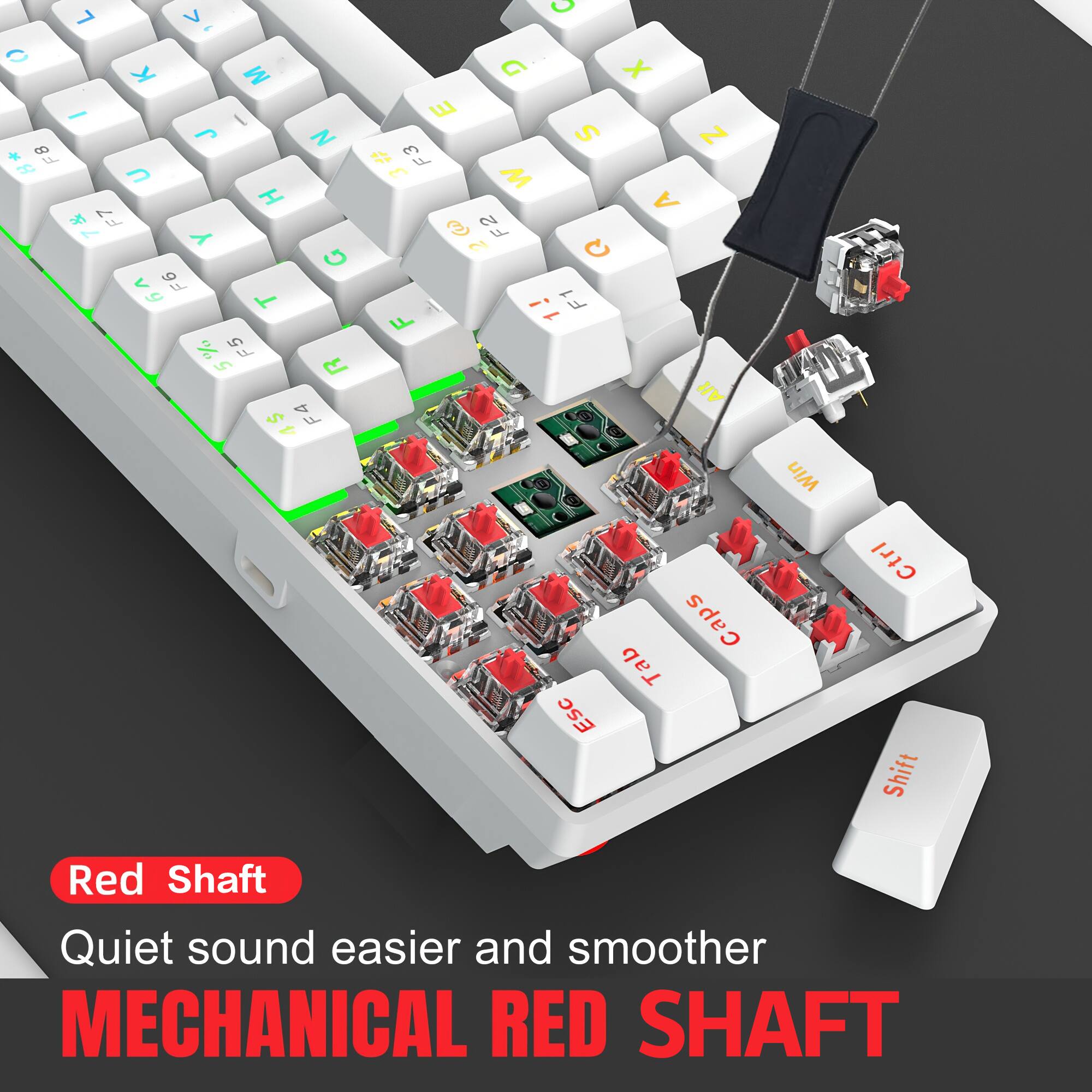 7 V - O K M I I J N * 8 4 B U H  7 F7 Y G Vy < C F6 T % F5 5 R $ F4 4 C D x E S N  F3 E W A 3 F2 N C 1 F ! F 1 V Win Caps Tab Esc Ctrl Shift Red Shaft Quiet sound easier and smoother MECHANICAL RED SHAFT