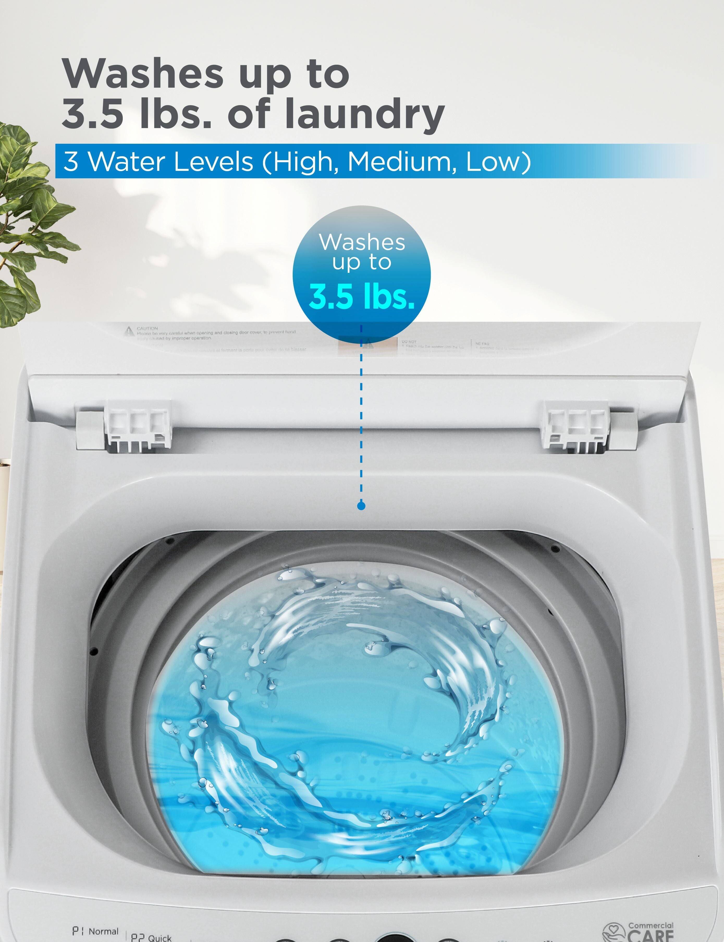 Washes up to 3.5 lbs. of laundry. 3 Water Levels (High, Medium, Low). Washes up to 3.5 lbs.