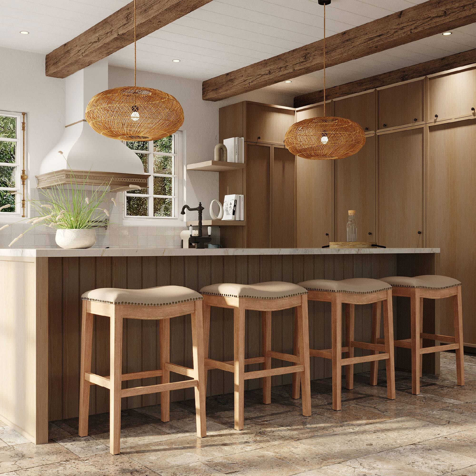 Alt View 4. Maven Lane - Maven Lane Adrien Saddle Barstool, Weathered Oak w/ Avanti Bone Vegan Leather, Set of 2 - Weathered Oak.