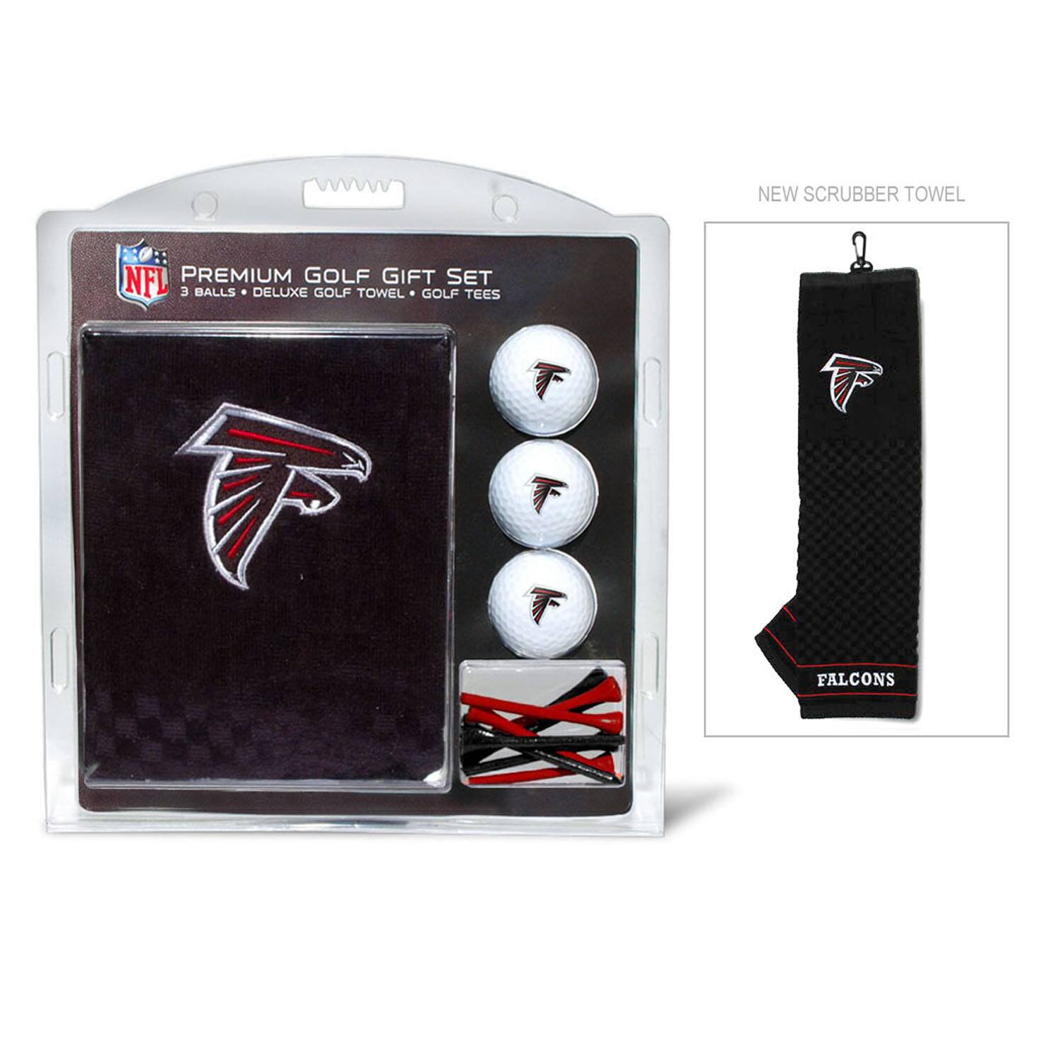 NEW SCRUBBER TOWEL

NFL PREMIUM GOLF GIFT SET  
3 BALLS • DELUXE GOLF TOWEL • GOLF TEES  
FALCONS
