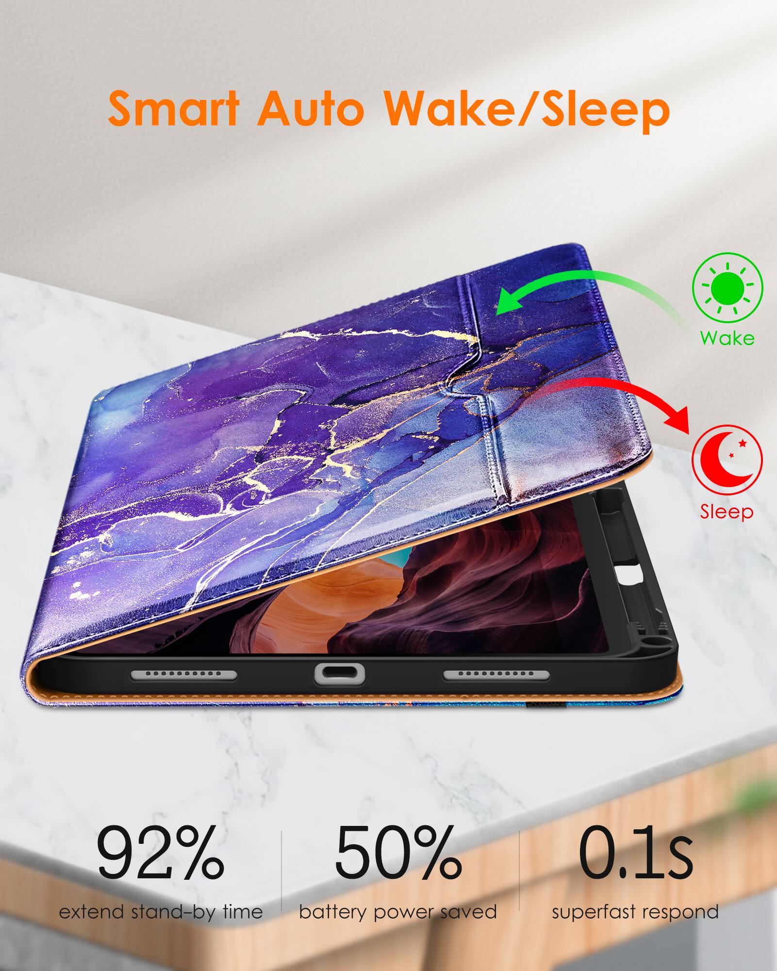 Smart Auto Wake/Sleep

- 92% extend stand-by time
- 50% battery power saved
- 0.1s superfast respond

Wake
Sleep
