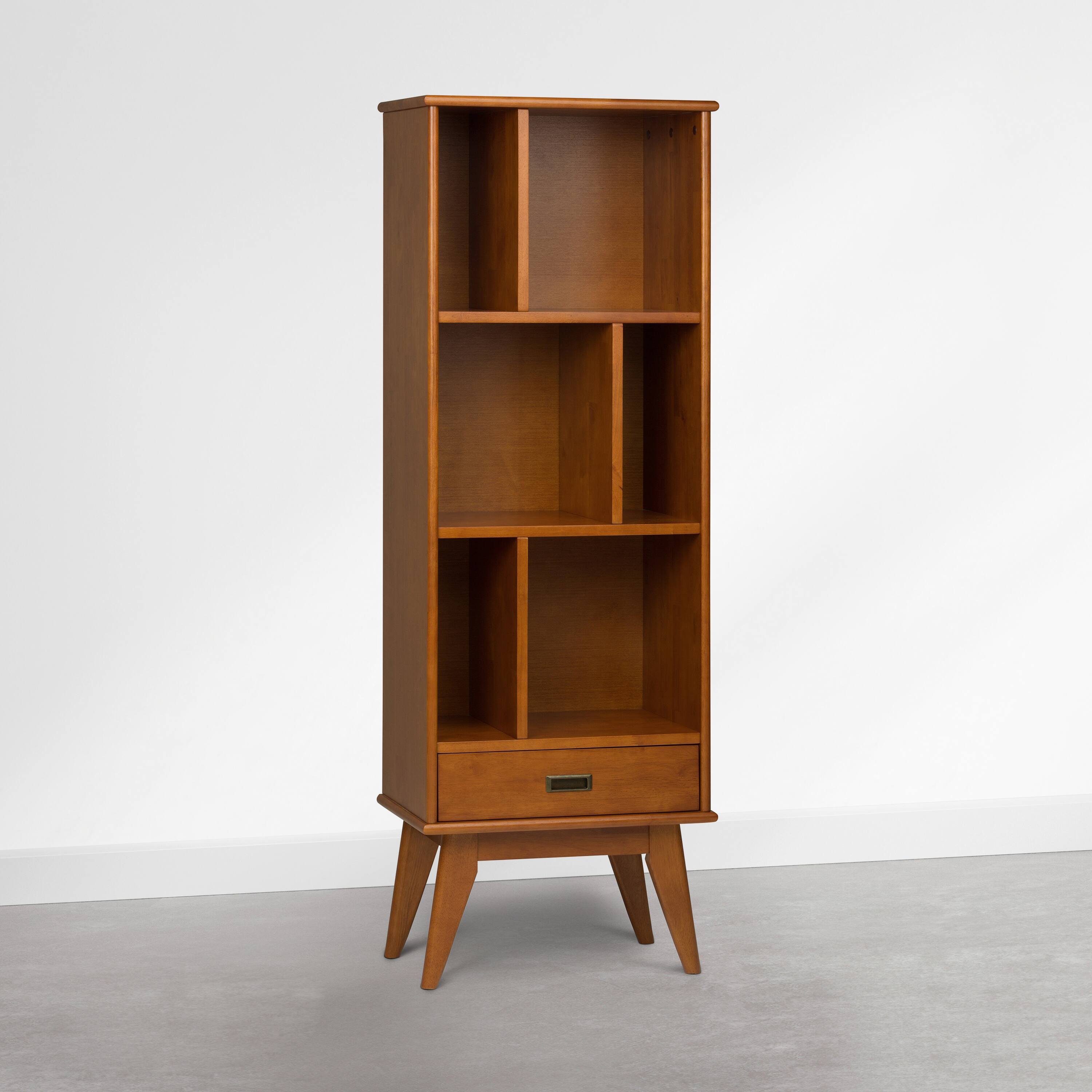 Angle. Simpli Home - Draper 64 inch Tall Solid Wood Bookcase and Storage Unit, Tawny Brown Teak - Tawny Brown Teak.