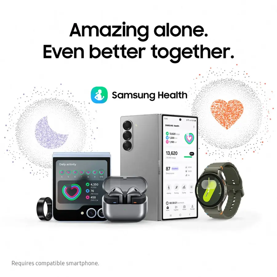 Amazing alone. Even better together. Samsung Health. Daily activity. 1 + 4 = 5,350. 76 minutes. 458 steps. 13,620 calories. 87 seconds. Requires compatible smartphone.
