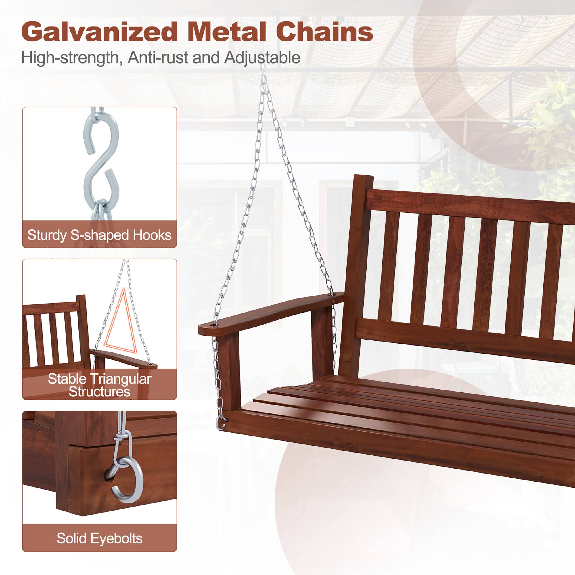 Galvanized Metal Chains  
High-strength, Anti-rust and Adjustable  

Sturdy S-shaped Hooks  
Stable Triangular Structures  
Solid Eyebolts
