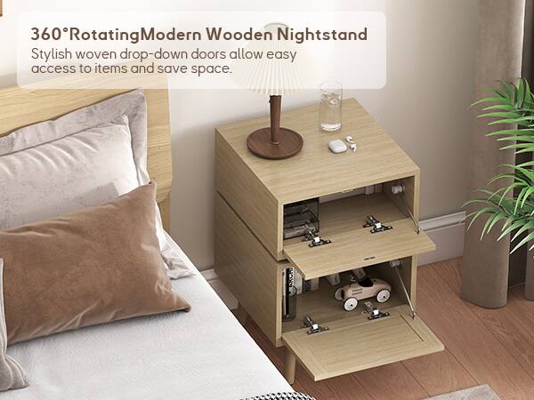 360° Rotating Modern Wooden Nightstand  
Stylish woven drop-down doors allow easy access to items and save space.
