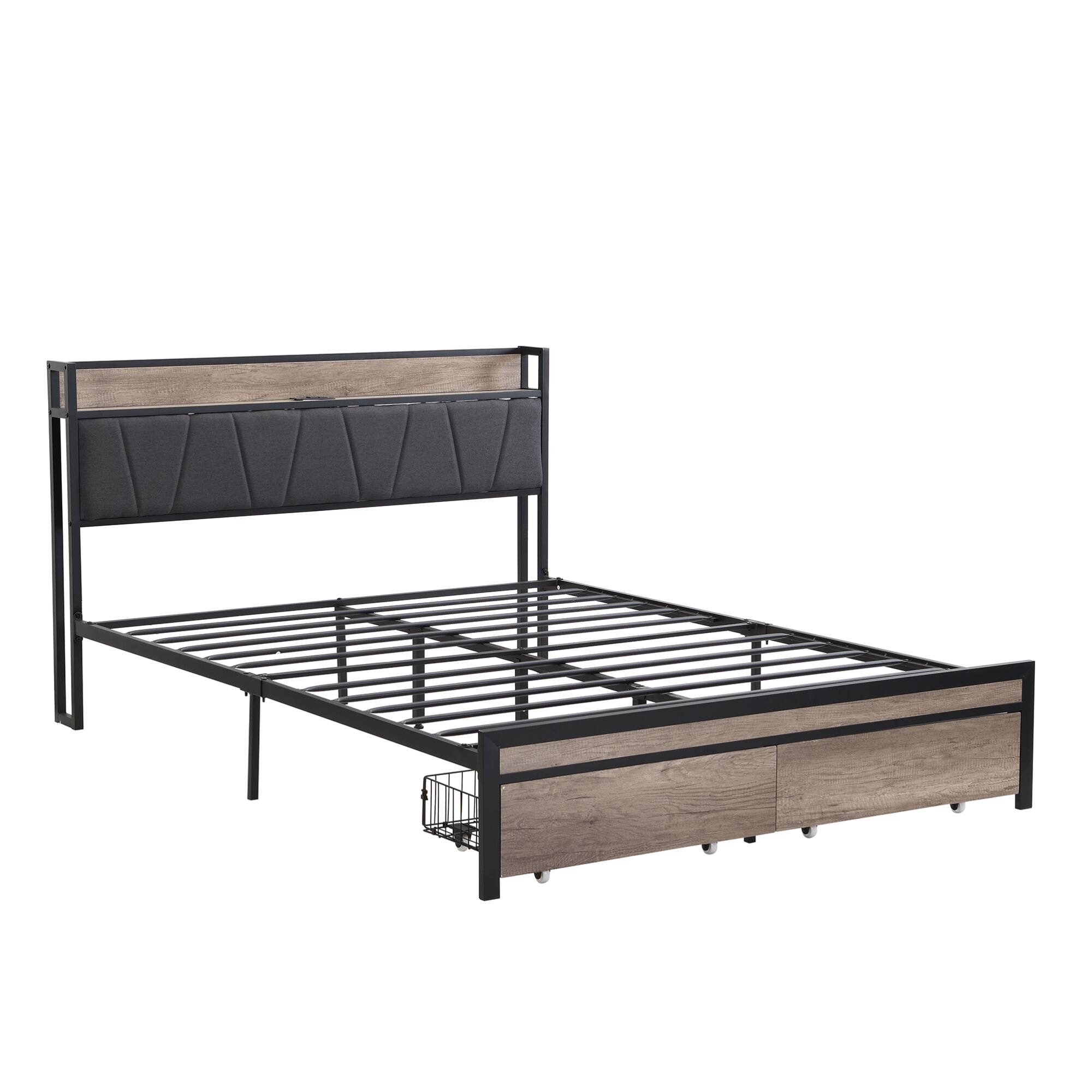 Back. GOODSILO - Full Size Metal Platform Bed Frame with Upholstered Headboard Footboard Drawers USB Ports Underbed Storage Easy Assembly - Black+Grey.