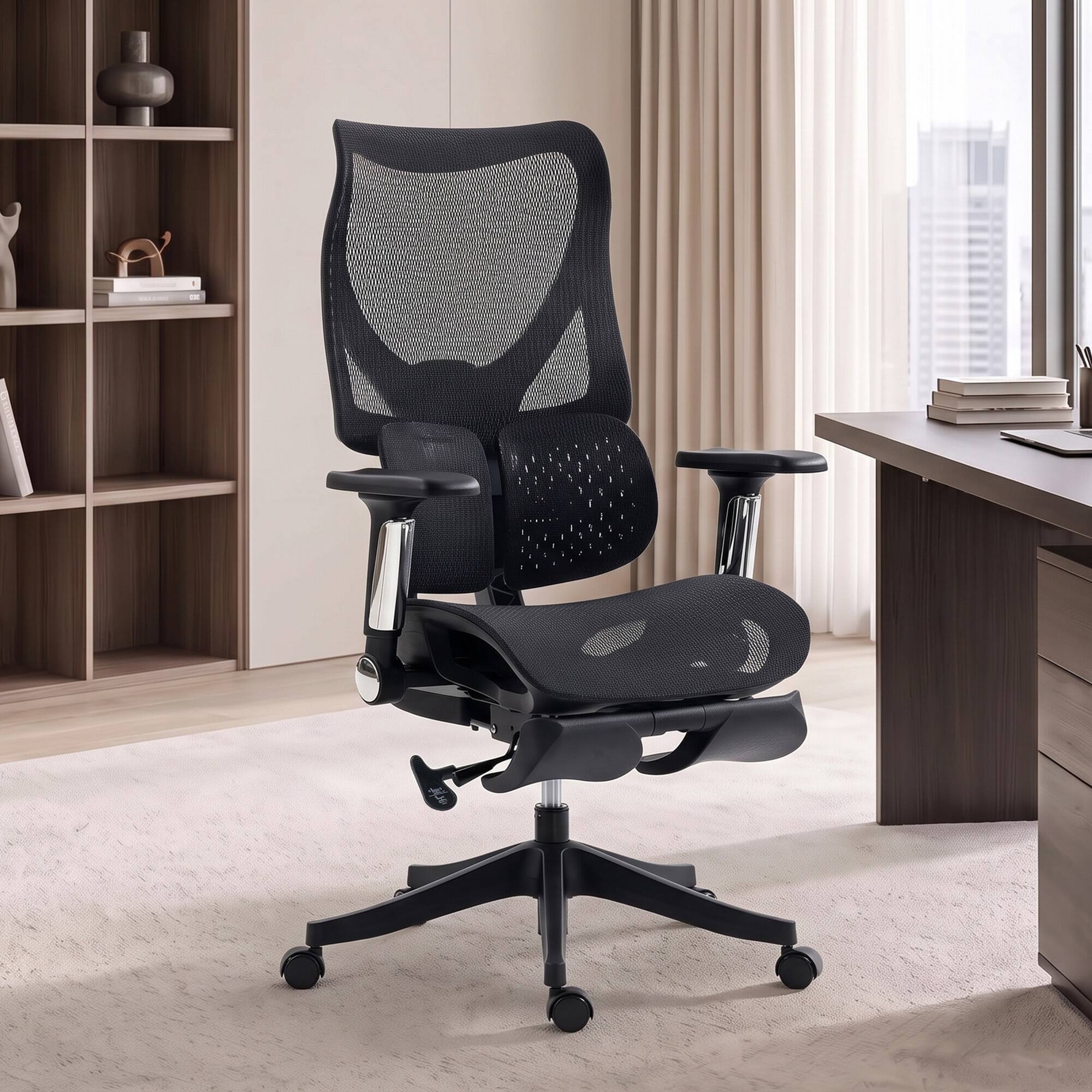 Alt View 1. Homcom - Office Chair with Lumbar Support, Mesh Reclining Desk Chair with Footrest - Black.