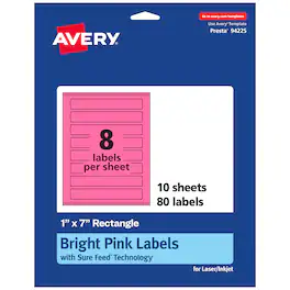 Avery - Printable Rectangle Labels, Bright 1" x 7", 80ct - Pink