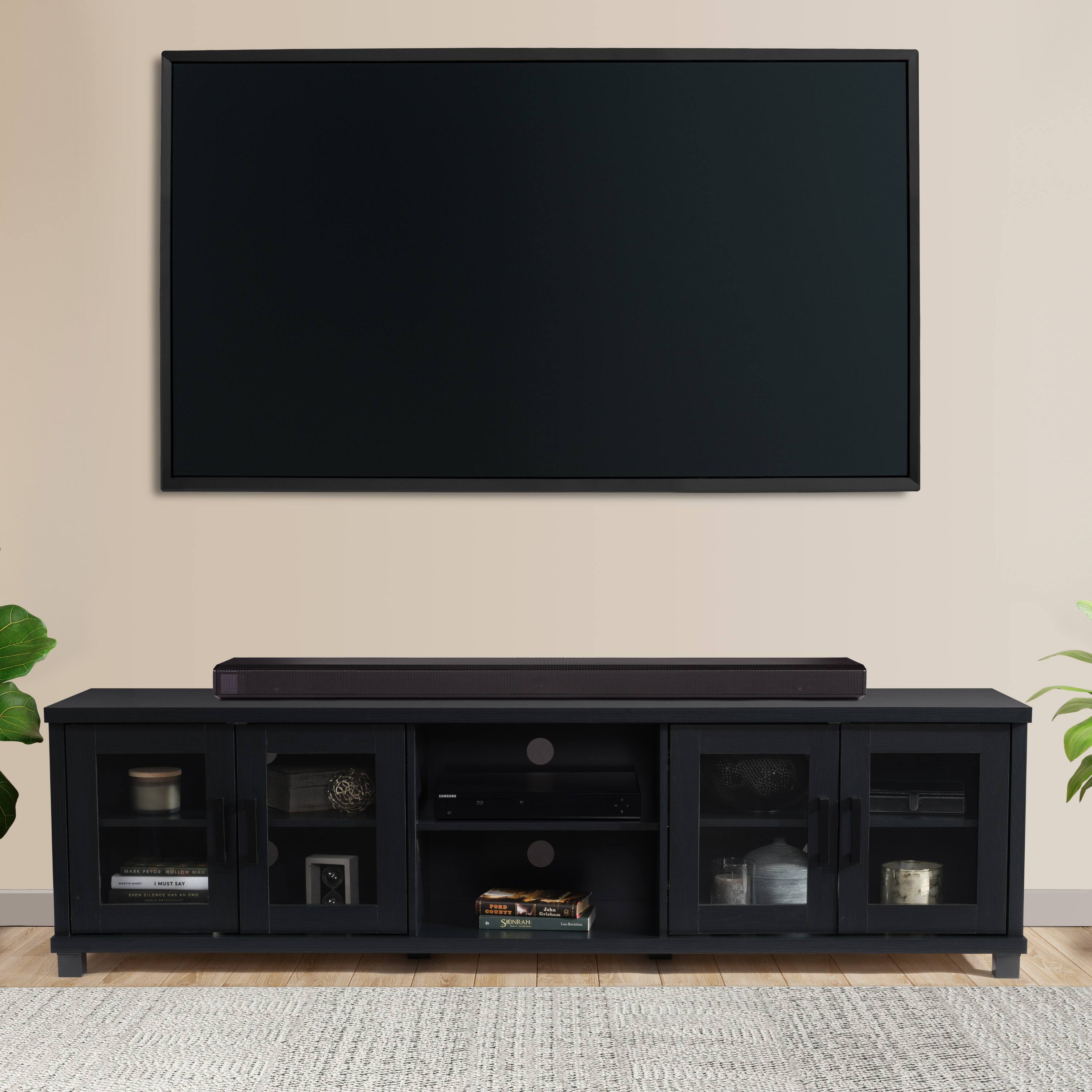 Left. CorLiving - Fremont TV Bench with Glass Cabinets for Most TVs up to 95" - Ravenwood Black.