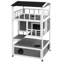 Pawhut - Outdoor Cat House with Asphalt Roof, Escape Doors, Condo, Jumping Platform
