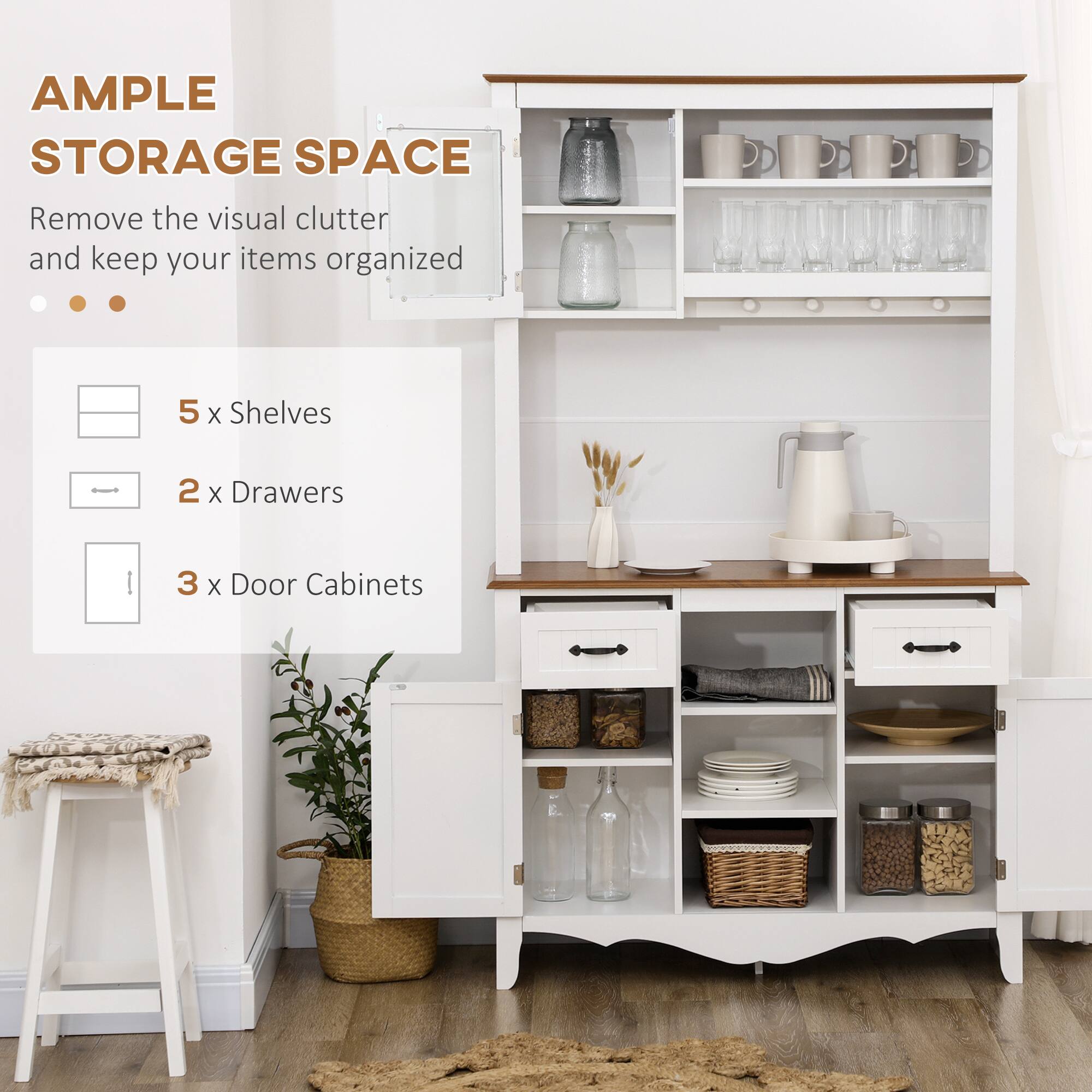 AMPLE STORAGE SPACE  
Remove the visual clutter and keep your items organized  

5 x Shelves  
2 x Drawers  
3 x Door Cabinets