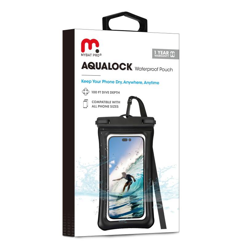 E. 1 YEAR m MYBAT PRO WARRANTY AQUALOCK Waterproof Pouch Keep Your Phone Dry. Anywhere, Anytime 100 FT DIVE DEPTH COMPATIBLE WITH ALL PHONE SIZES