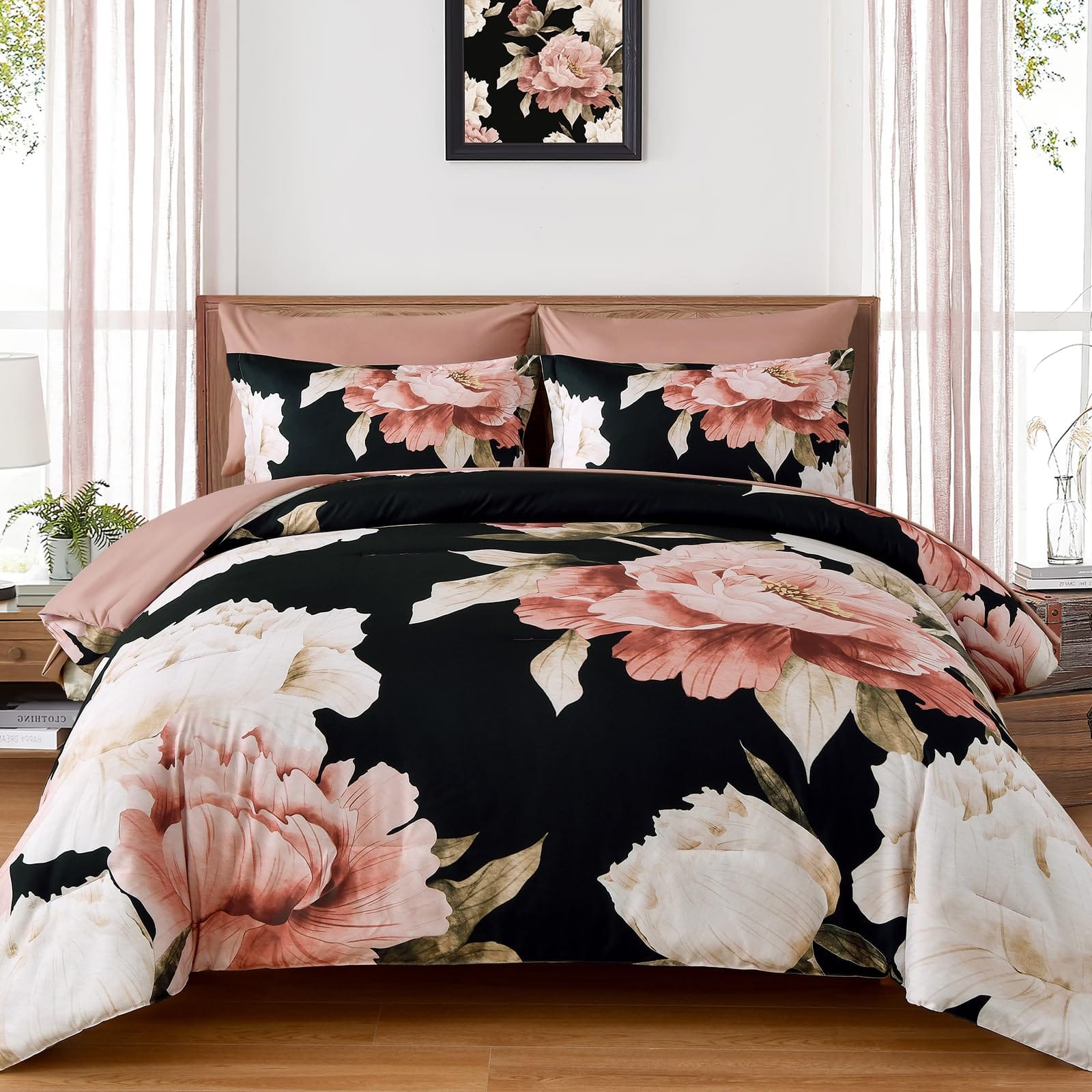 NICHOLAS KLEIN - Queen Comforter Set Bed In A Bag Floral Printed On With Sheets Soft Microfiber Botanical Farmhouse Bedding - Pink Black Full