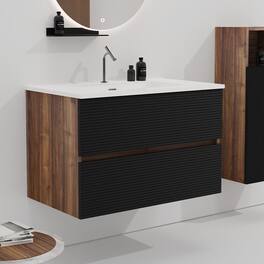 Boyel Living - 30 Inch Wall Mounted Soft Black & Walnut Bathroom Vanity with Integrated Ceramic Sink / Large Storage, Pre-Assembled - Black+Brown