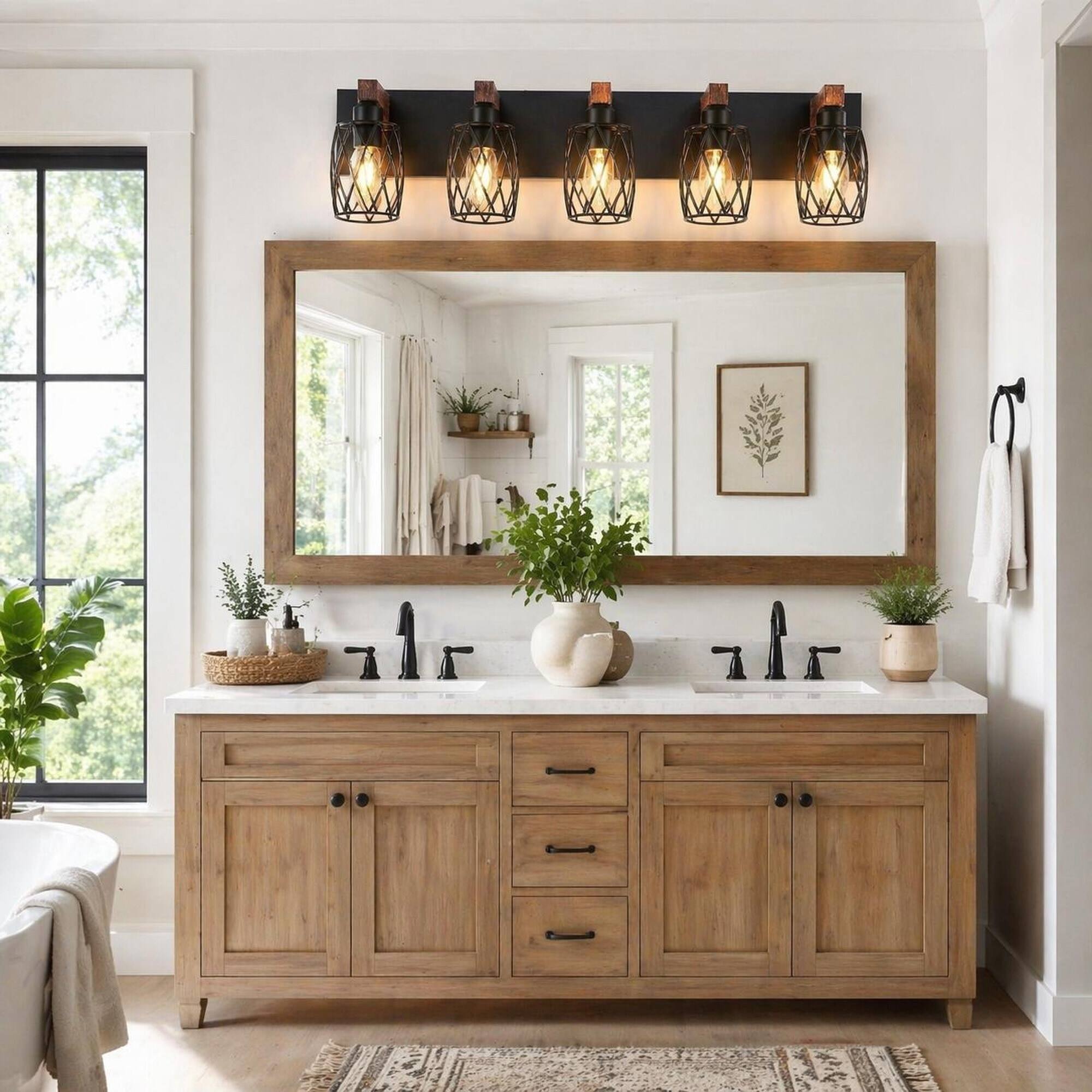 Angle. RYHNUYNE - Industrial 5‑Light Wall Sconce, 31" Wall Light with Wood Accents, Bathroom Vanity Wall Lighting Fixture for Hallway - Walnut.