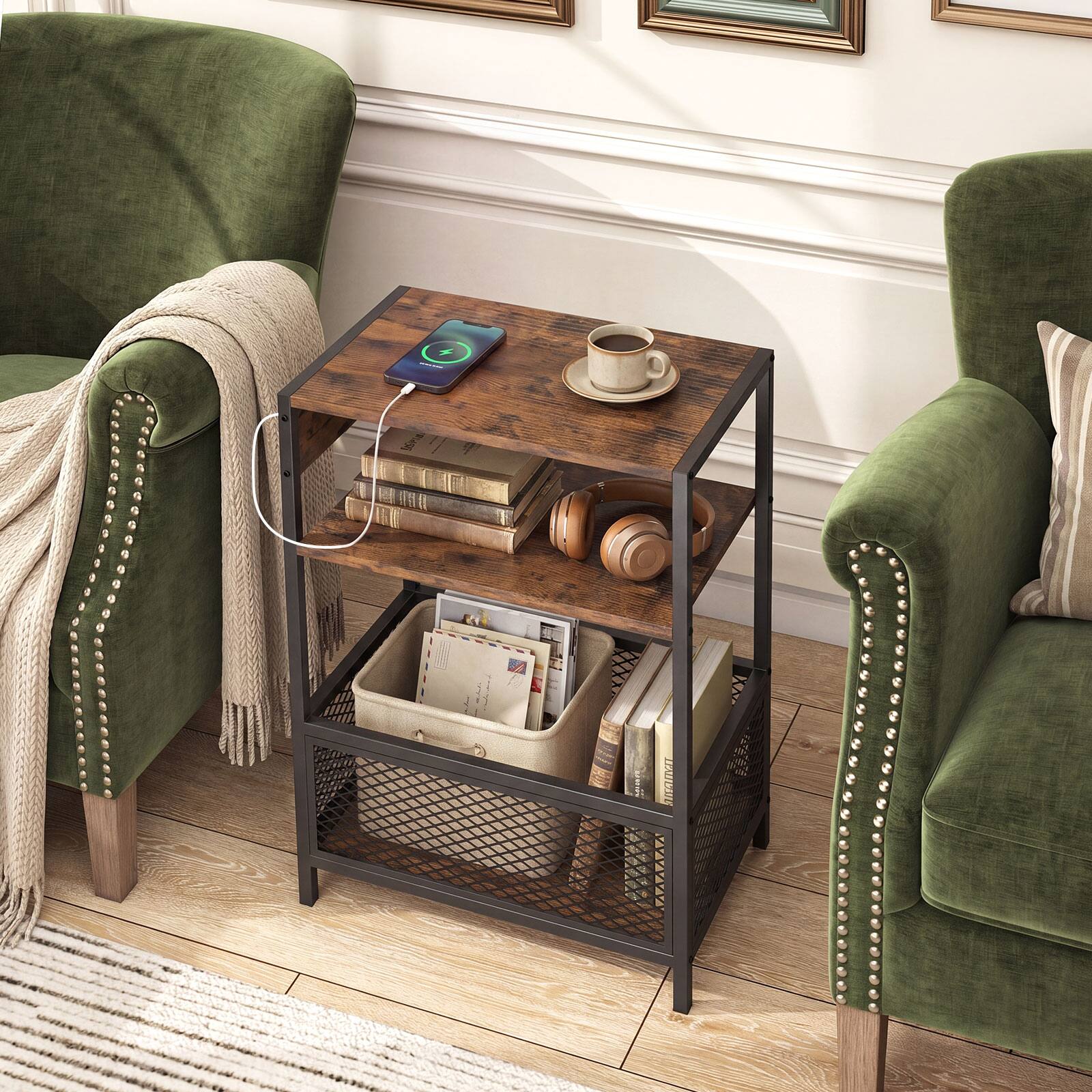Alt View 3. Gymax - Gymax 2PCS End Table w/ Charging Station 2 AC Outlets 1 USB & 1 Type-C Ports Rustic Brown - Brown.