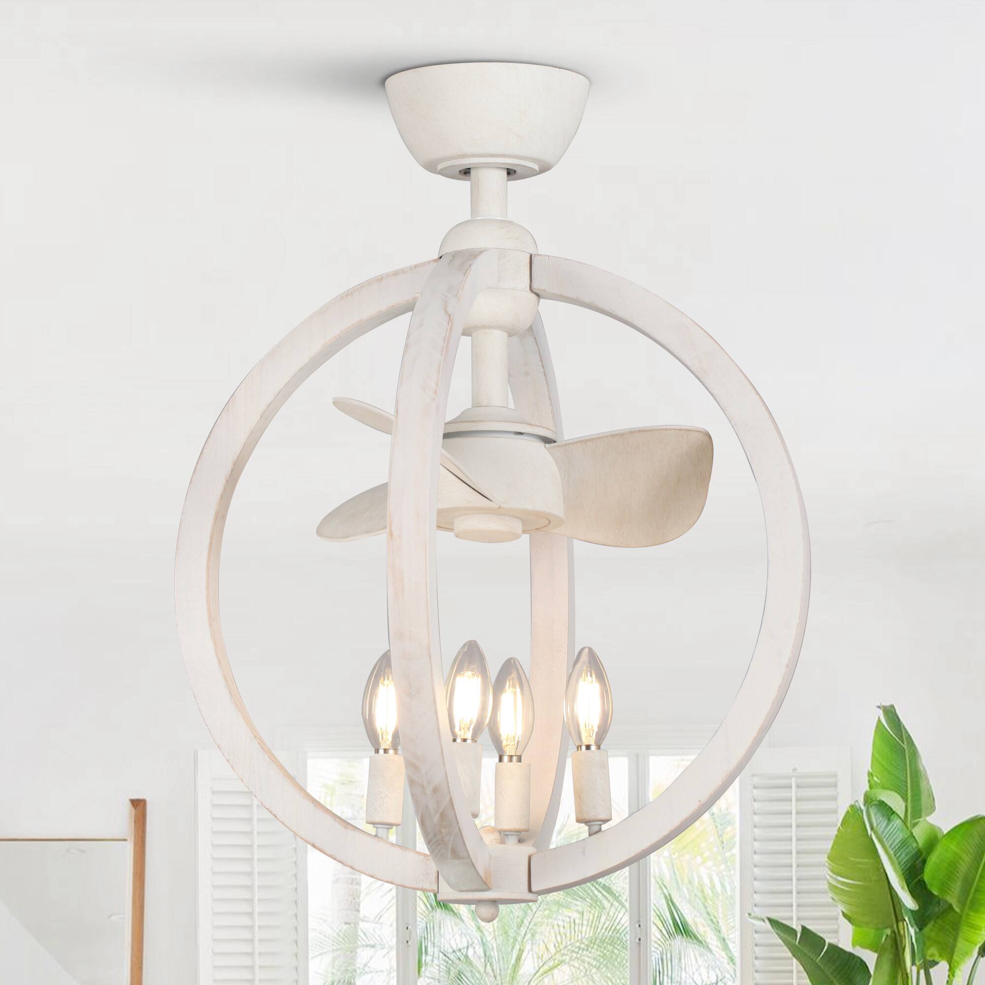 Back. Parrot Uncle - 18.4" Farmhouse White Wooden Globe Bobo Fandelier Ceiling Fan with Remote - White.