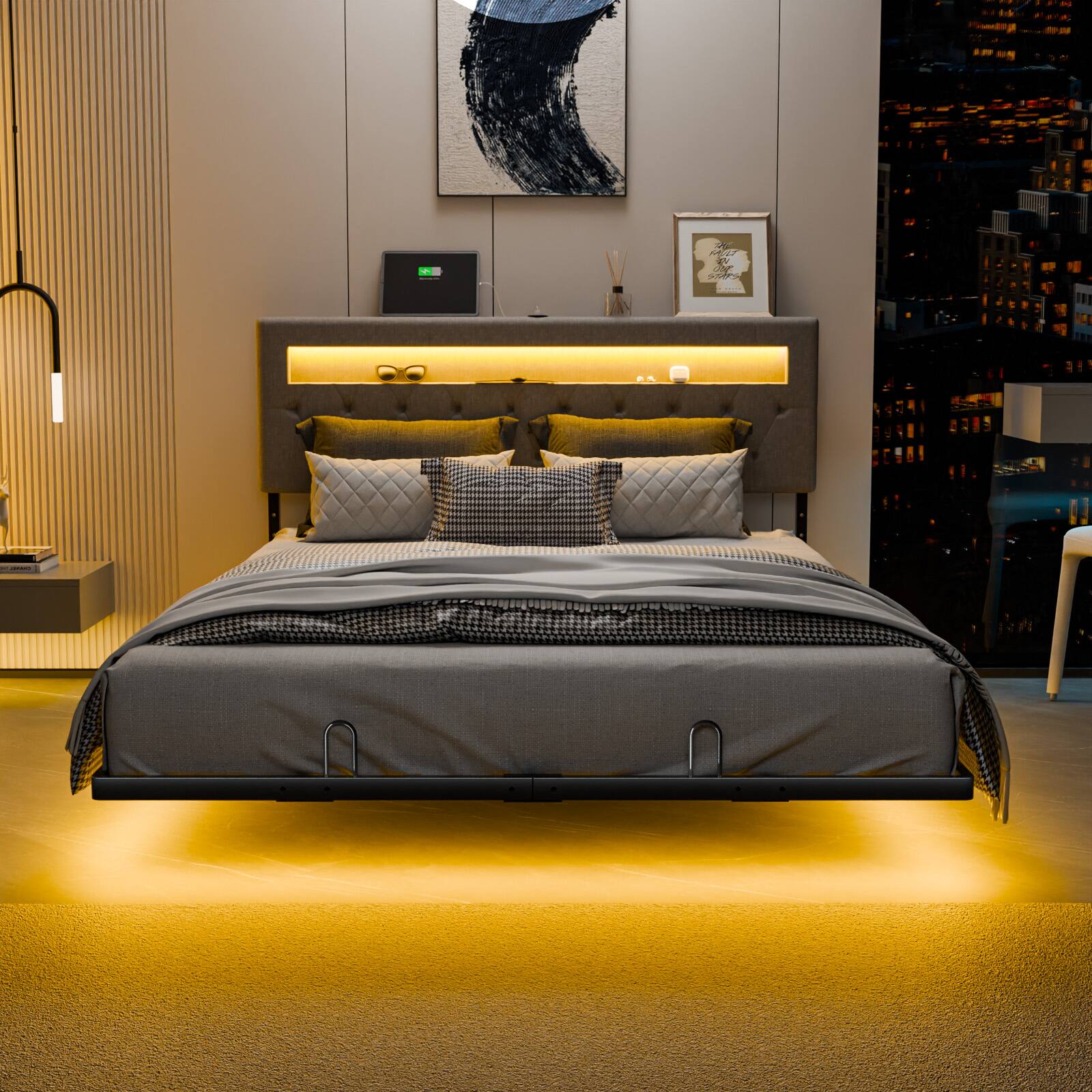 Alt View 8. Winado - Queen Metal Modern Floating Platform Bed Frame Adjustable Headboard,Charging Station/LED Lights,No Box Spring Needed - Grey.