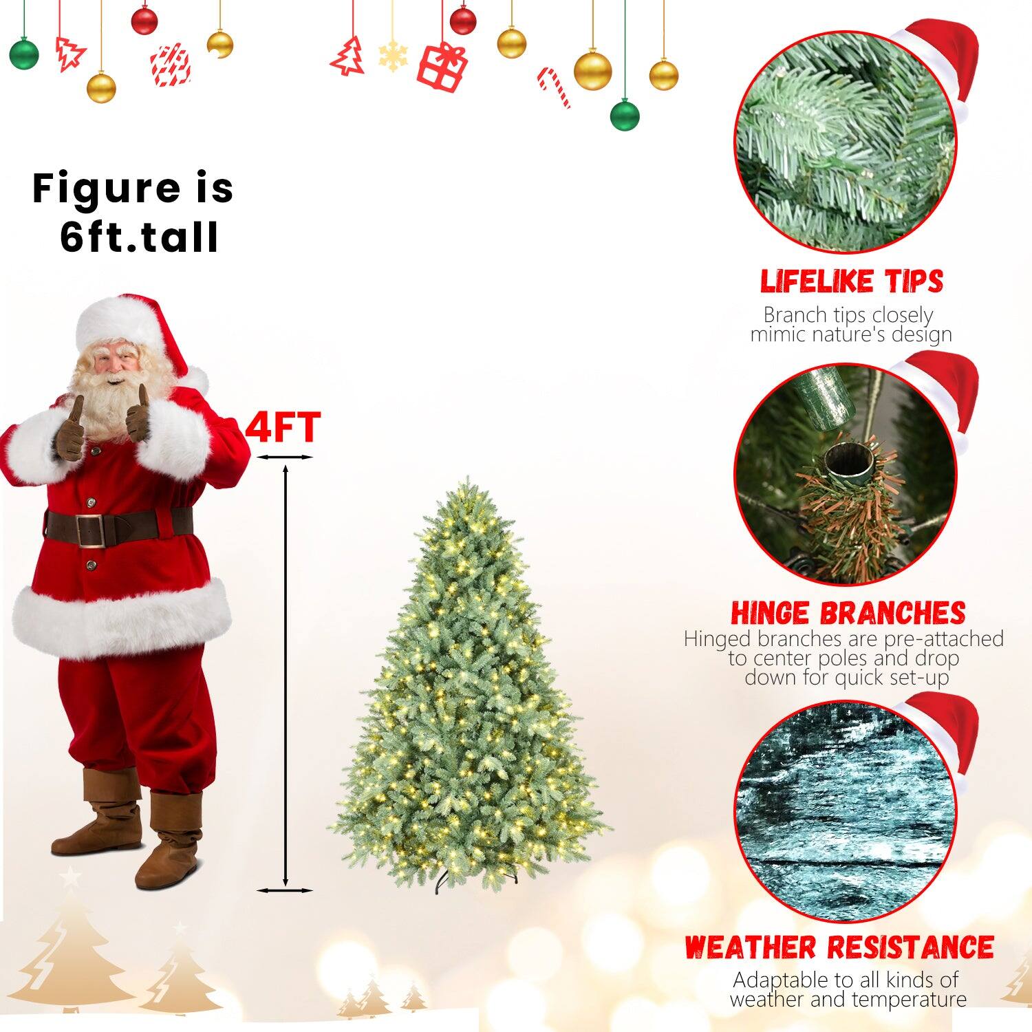 - Figure is 6ft. tall
- 4FT
- LIFELIKE TIPS: Branch tips closely mimic nature's design
- HINGE BRANCHES: Hinged branches are pre-attached to center poles and drop down for quick set-up
- WEATHER RESISTANCE: Adaptable to all kinds of weather and temperature