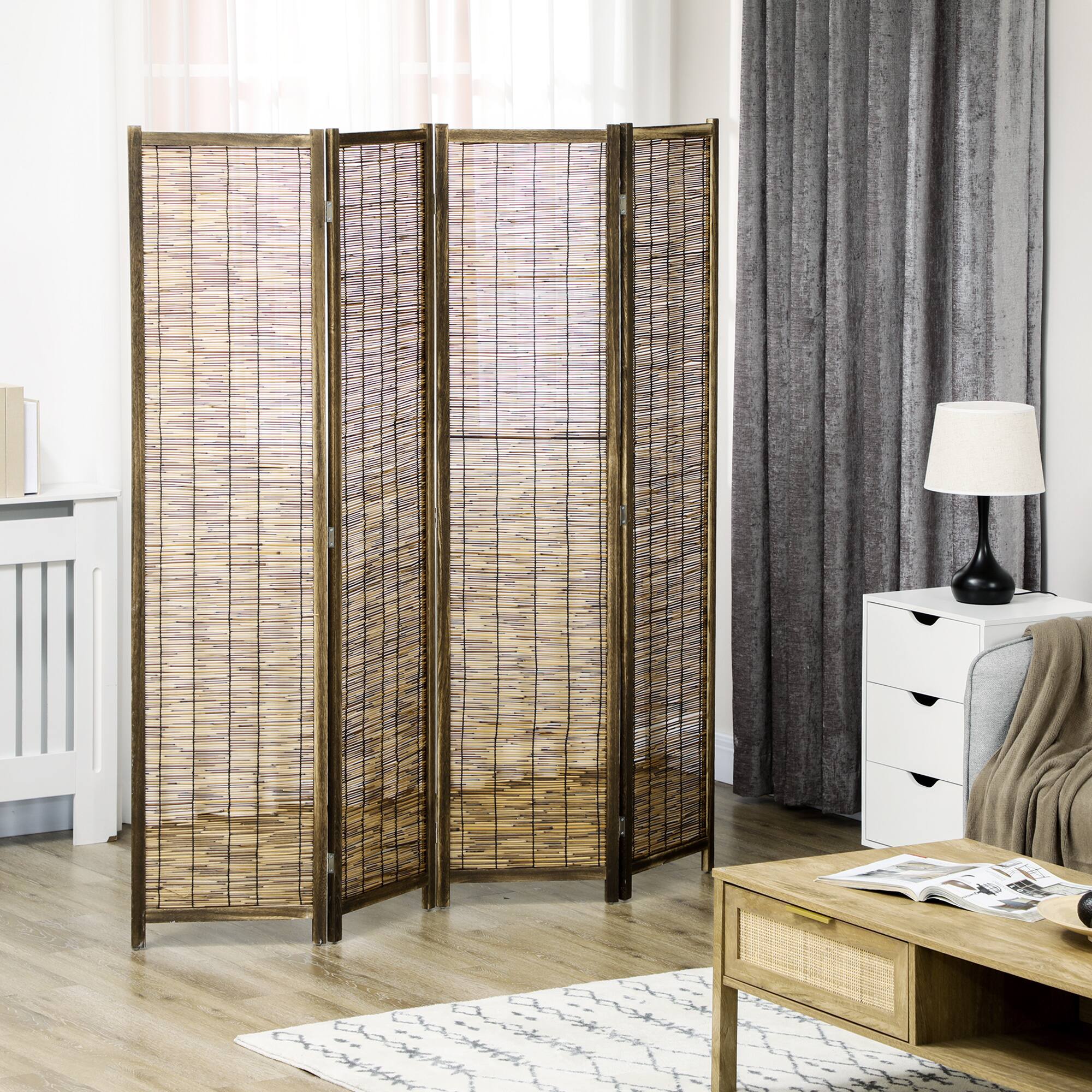 Alt View 1. Homcom - Room Divider, Portable Folding Privacy Screens, Reed Hand-Woven Freestanding Partition Wall Dividers for Home Office - Brown.